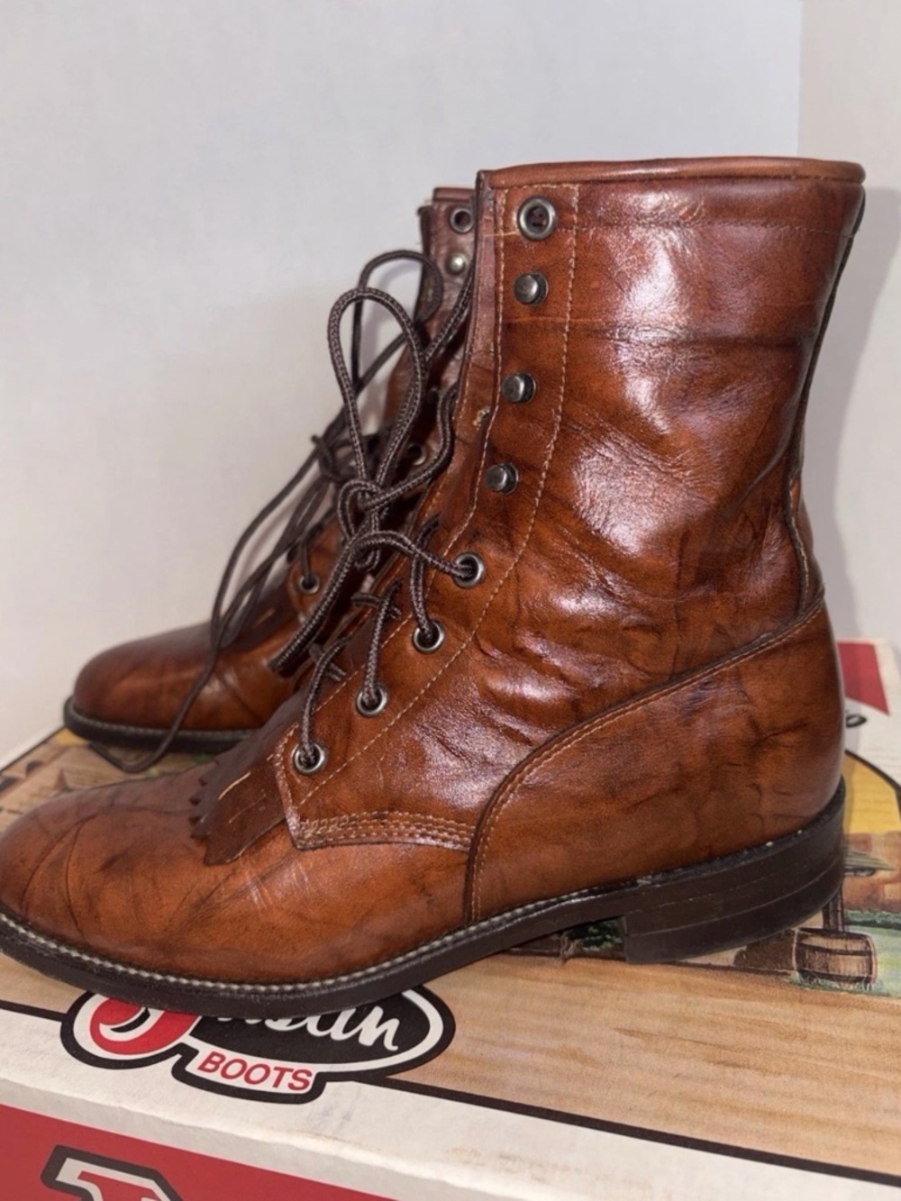 Justin L0563 Women's Brown Marble Deerlite Leather Laced Boots - Size 6.5B Box - Picture 3 of 12